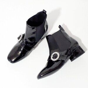 NWOT Forever 21 black patent faux leather diamante accented ankle boots, 6